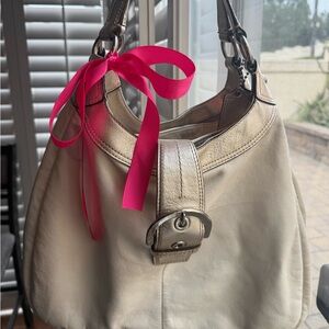 Vintage Coach Cream Leather Hobo Bag with Purple interior